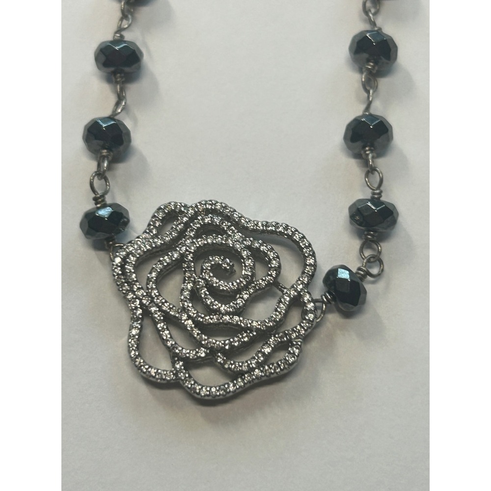 Unbranded Rose Pendant Necklace Women OS Black Silver Rhinestone Beaded